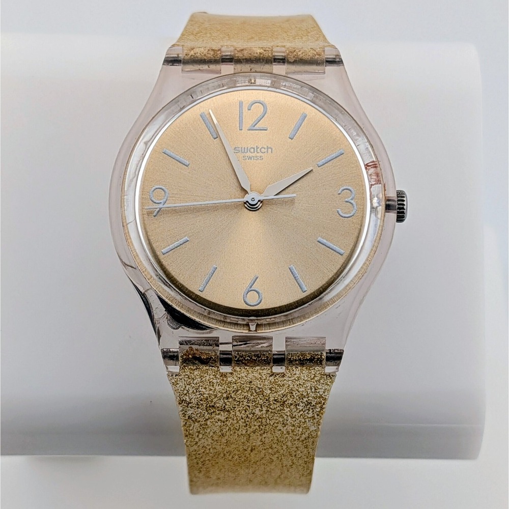 Swatch Sunblush GE242C Golden Sun Brushed Dial Glitter Swiss Watch 34mm 7.25"
